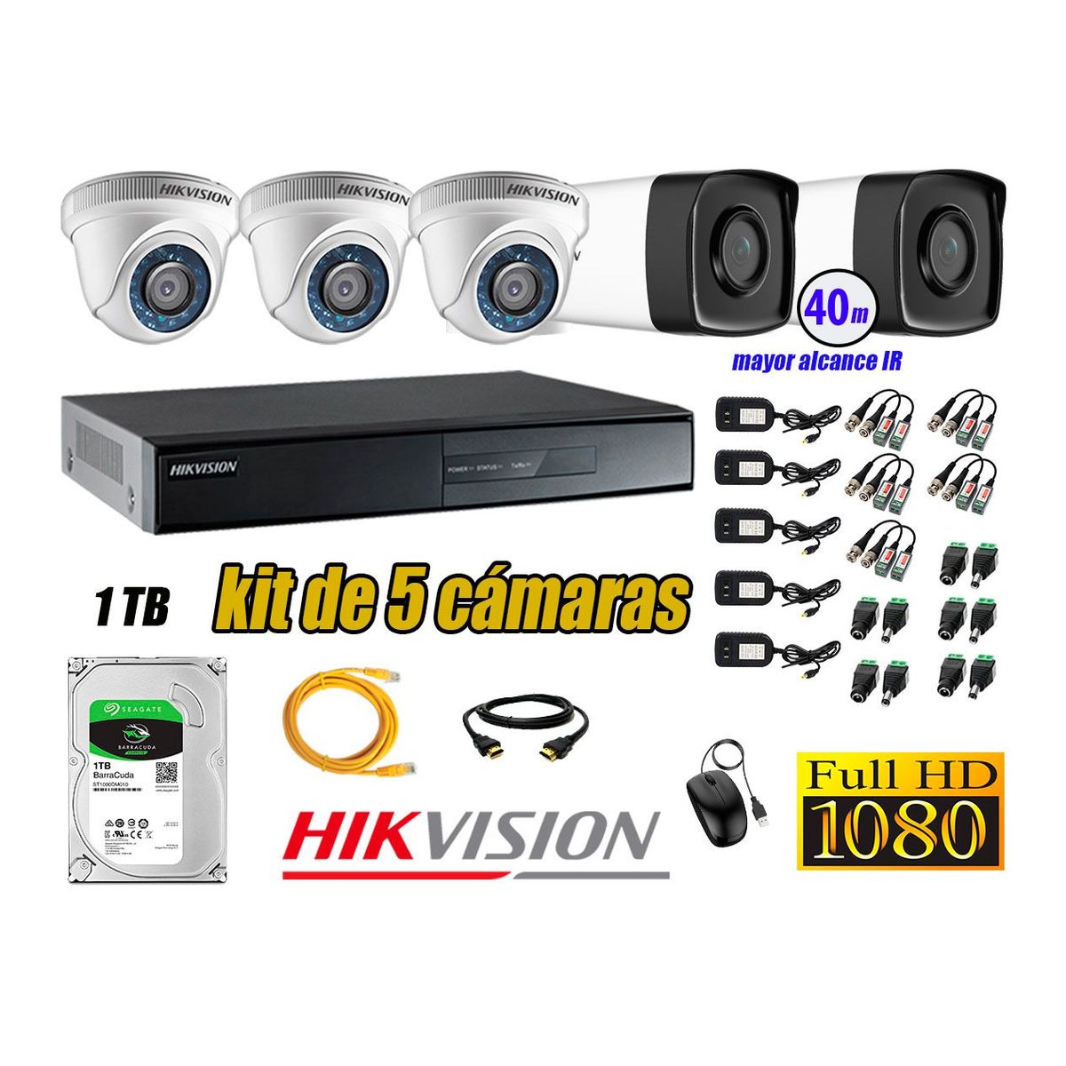 HIKVISION - Cámaras de Seguridad Kit 5 Full HD 1080P 1TB + Cámara Exterior Mayor Alcance IT3F