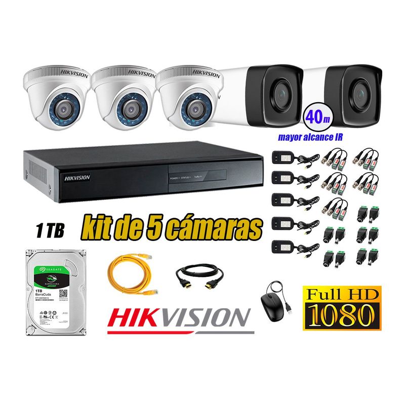 HIKVISION - Cámaras de Seguridad Kit 5 Full HD 1080P 1TB + Cámara Exterior Mayor Alcance IT3F
