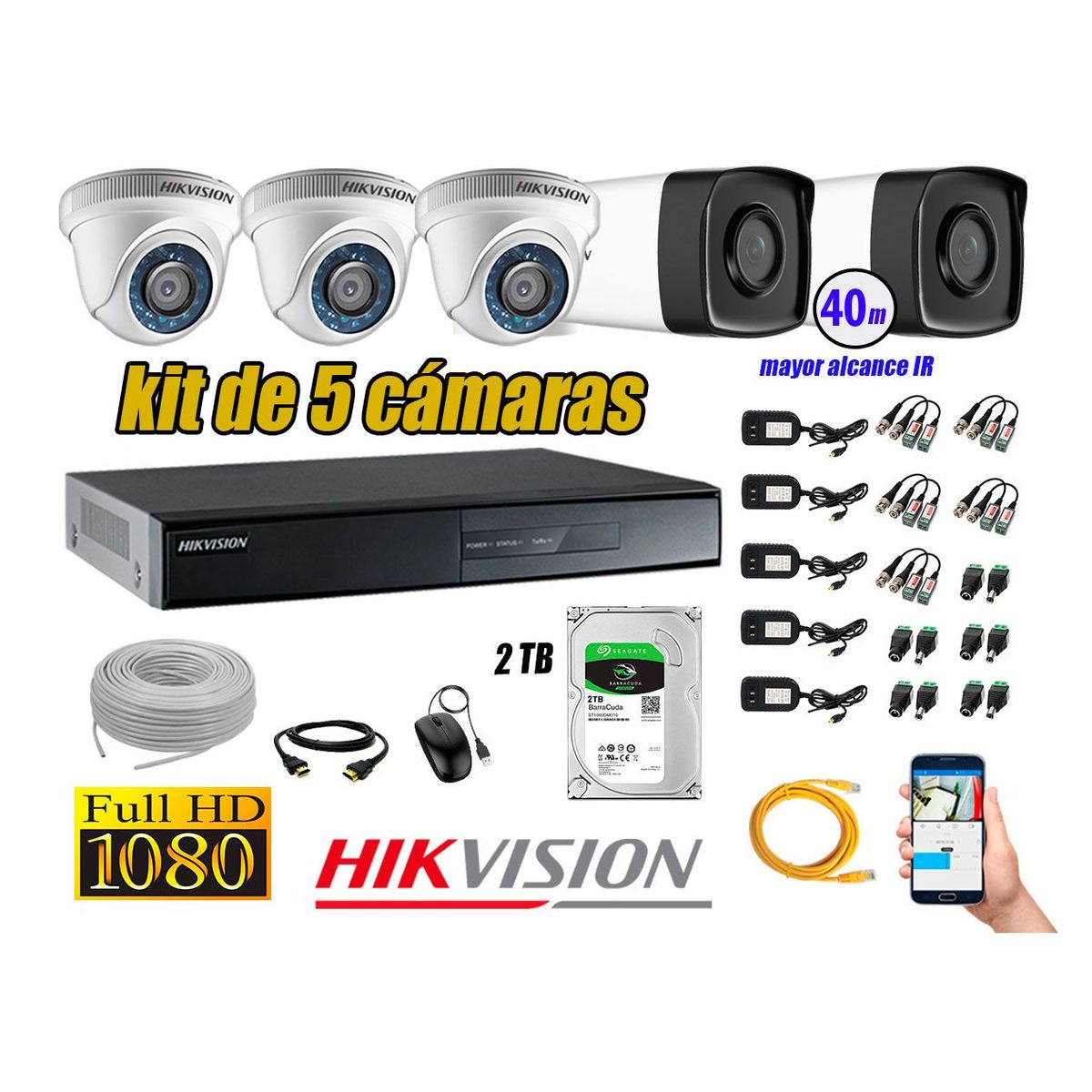 HIKVISION - Cámaras de Seguridad Kit 5 Full HD 1080P 2TB + Cámara Exterior Mayor Alcance IT3F P2P