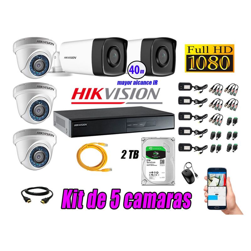 HIKVISION - Cámaras de Seguridad Kit 5 Full HD 1080P 2TB + Cámara Exterior Mayor Alcance IT3F