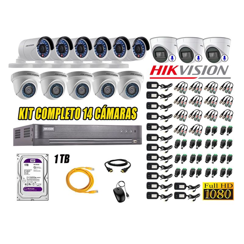 HIKVISION - Kit 14 Cámaras de Seguridad Full HD 1080P | 03 Camaras Con Audio Incorporado CCTV P2P