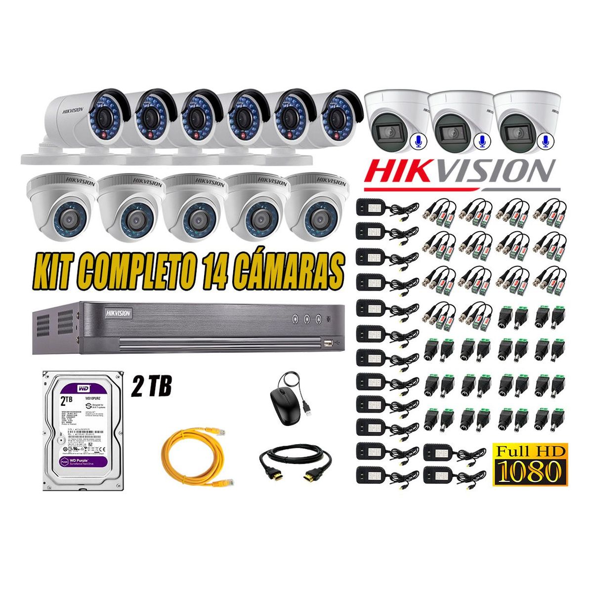 HIKVISION - Kit 14 Cámaras de Seguridad Full HD 1080P | 03 Camaras Con Audio Incorporado CCTV