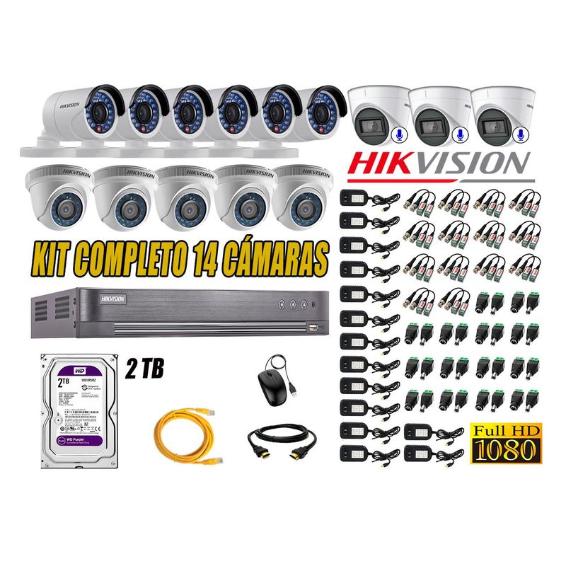 HIKVISION - Kit 14 Cámaras de Seguridad Full HD 1080P | 03 Camaras Con Audio Incorporado CCTV