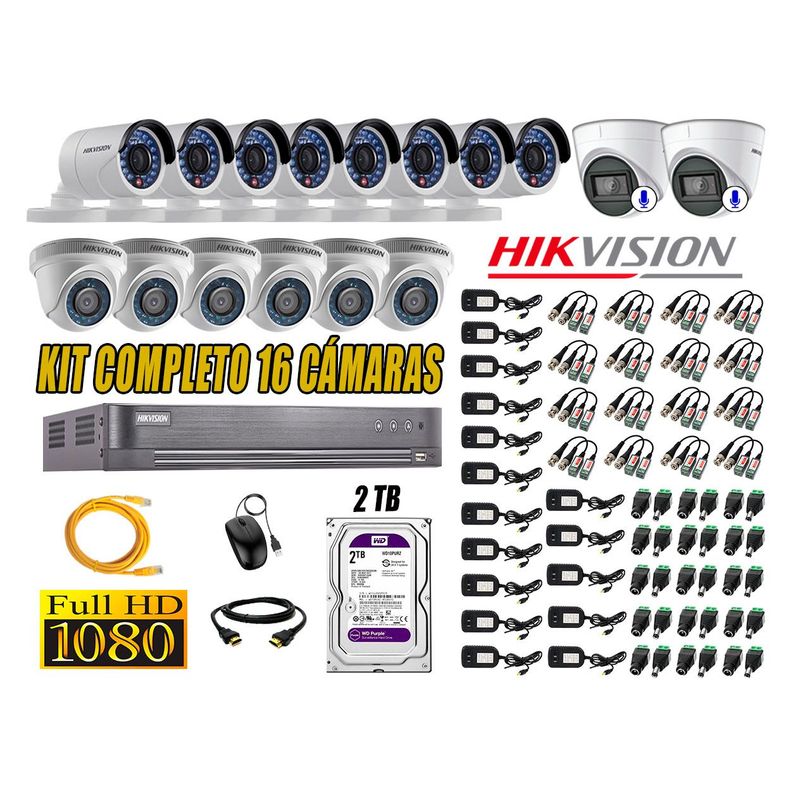 HIKVISION - Kit 16 Cámaras de Seguridad Full HD 1080P | 02 Camaras Con Audio Incorporado CCTV
