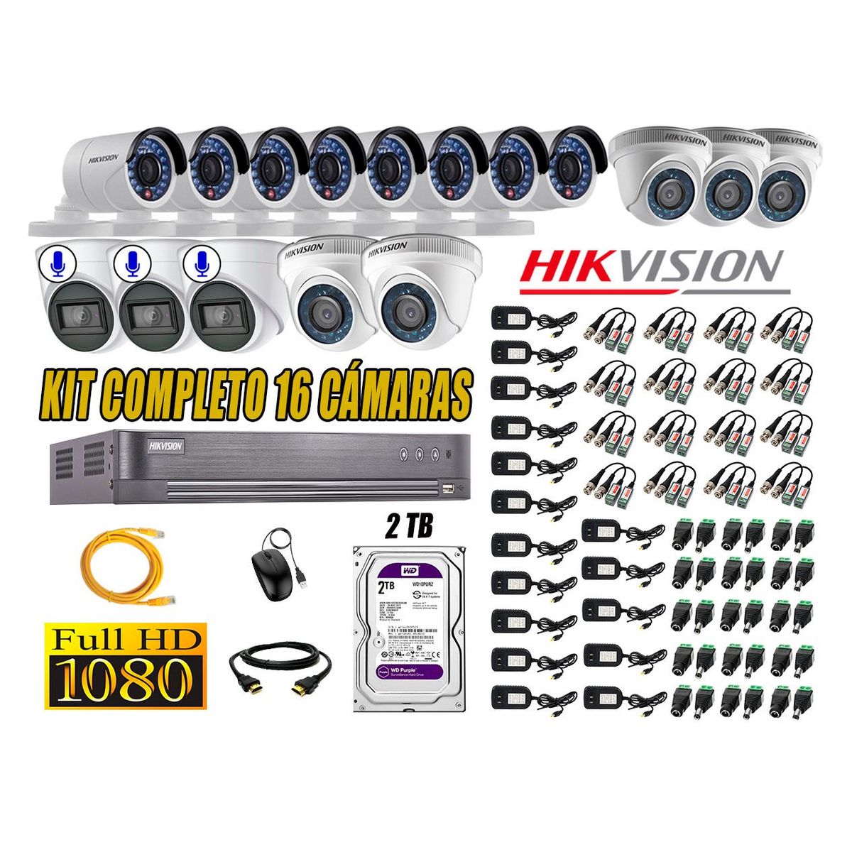 HIKVISION - Kit 16 Cámaras de Seguridad Full HD 1080P | 03 Camaras Con Audio Incorporado CCTV