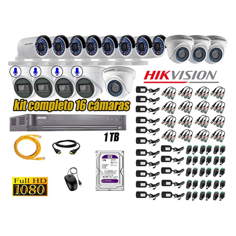 HIKVISION - Kit 16 Cámaras de Seguridad Full HD 1080P | 04 Camaras Con Audio Incorporado CCTV P2P