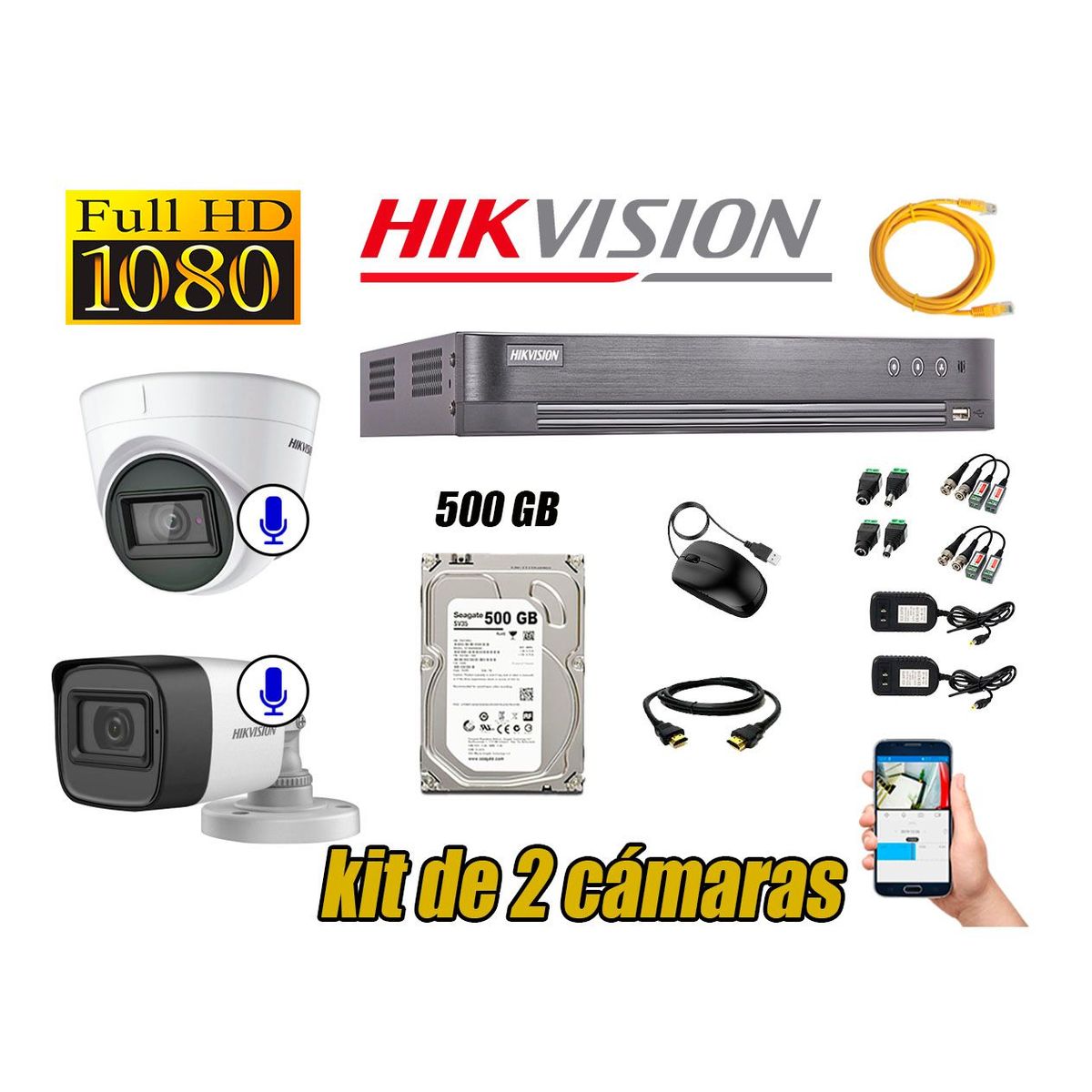 HIKVISION - Kit 2 Cámaras de Seguridad Full HD 1080P | 02 Camaras Con Audio Incorporado CCTV P2P
