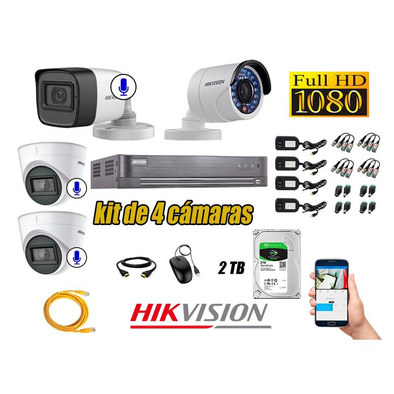 HIKVISION - Kit 4 Cámaras de Seguridad Full HD 1080P | 03 Camaras Con Audio Incorporado CCTV KIT04-03S-C069