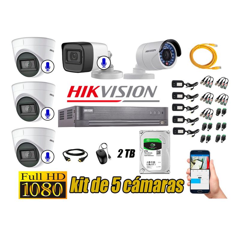 HIKVISION - Kit 5 Cámaras de Seguridad Full HD 1080P | 04 Camaras Con Audio Incorporado CCTV P2P