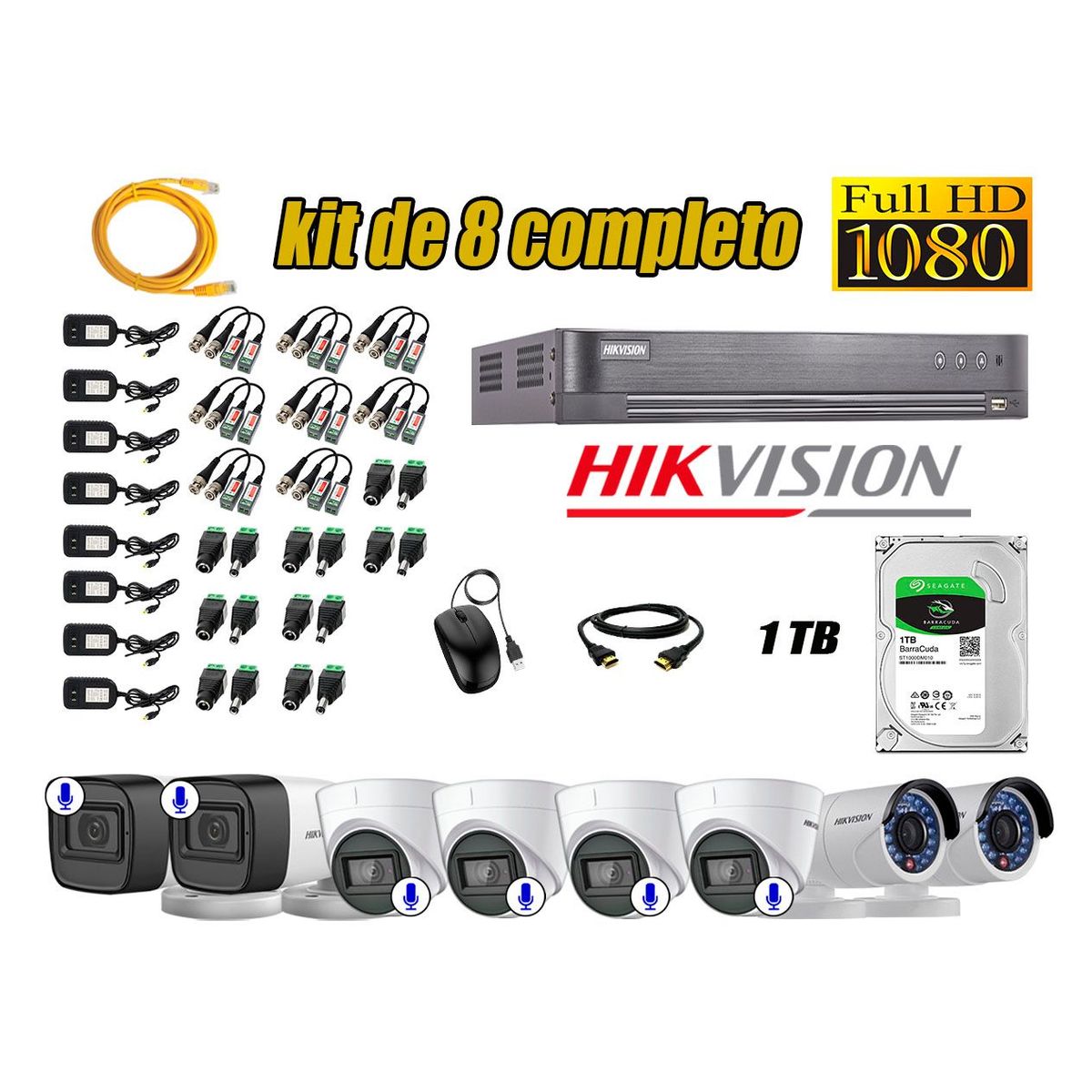 HIKVISION - Kit 8 Cámaras de Seguridad Full HD 1080P | 06 Camaras Con Audio Incorporado CCTV
