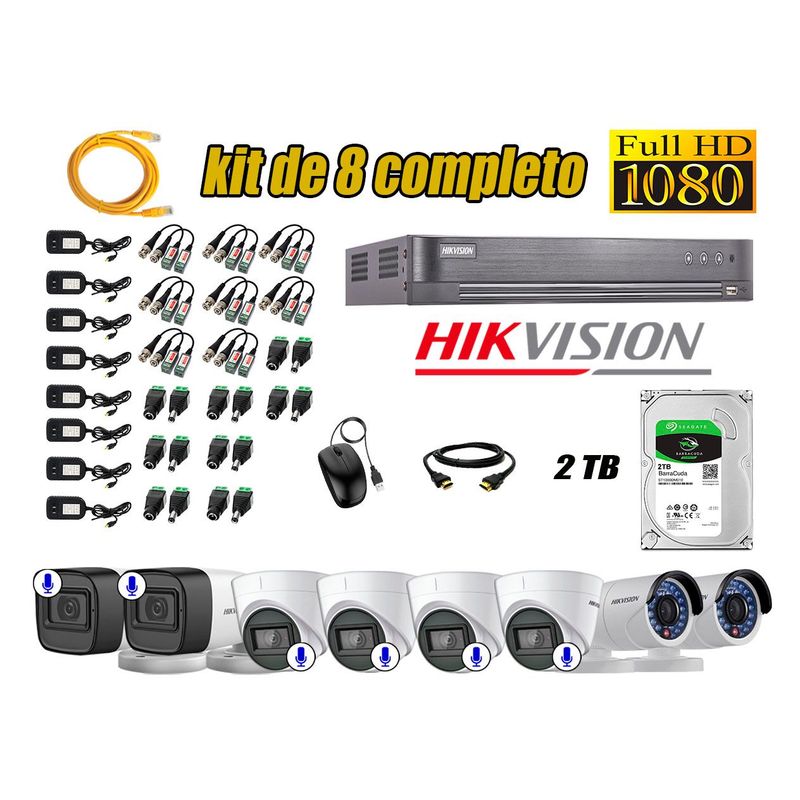 HIKVISION - Kit 8 Cámaras de Seguridad Full HD 1080P | 06 Camaras Con Audio Incorporado CCTV P2P