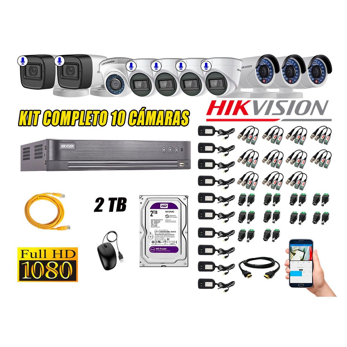 HIKVISION - Kit 10 Cámaras de Seguridad Full HD 1080P | 6 Camaras Con Audio Incorporado CCTV P2P