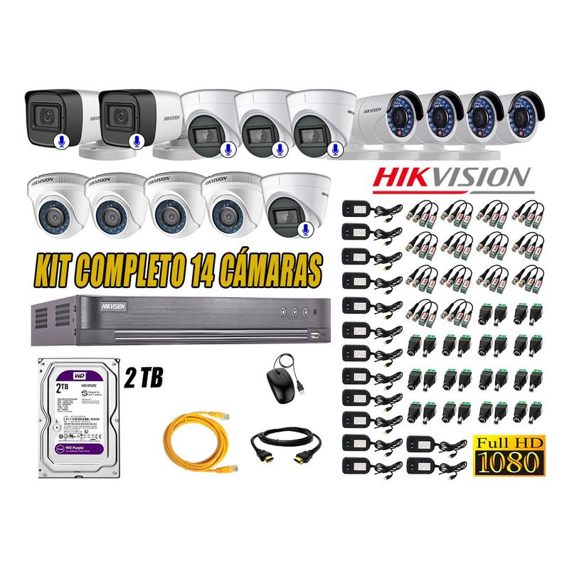 HIKVISION - Kit 14 Cámaras de Seguridad Full HD 1080P | 6 Camaras Con Audio Incorporado CCTV P2P