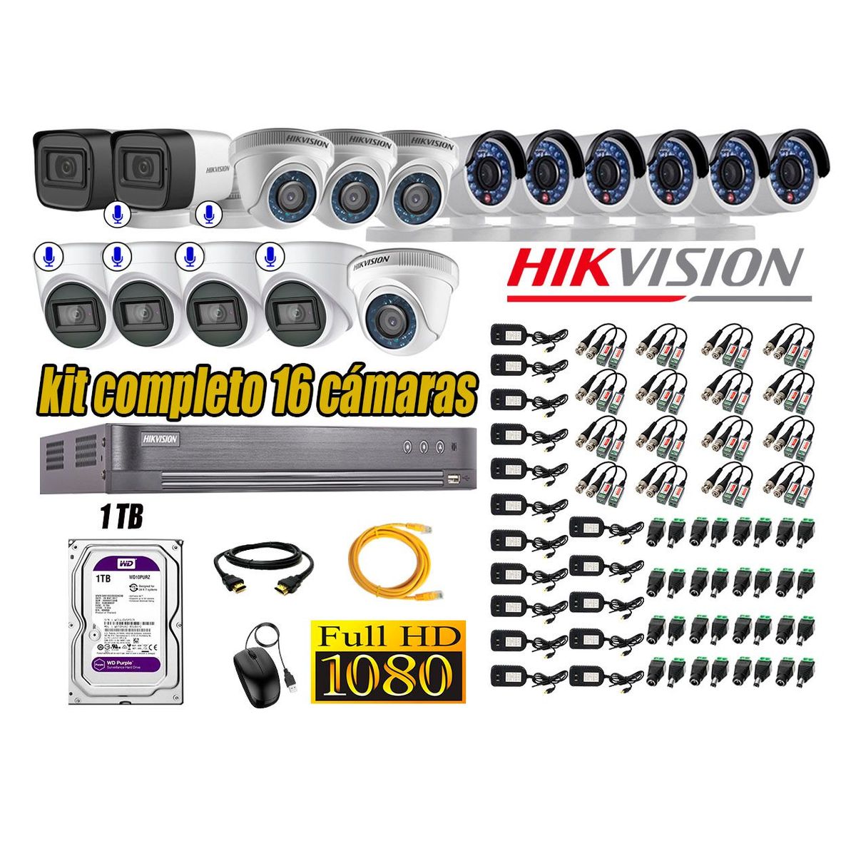HIKVISION - Kit 16 Cámaras de Seguridad Full HD 1080P | 6 Camaras Con Audio Incorporado CCTV