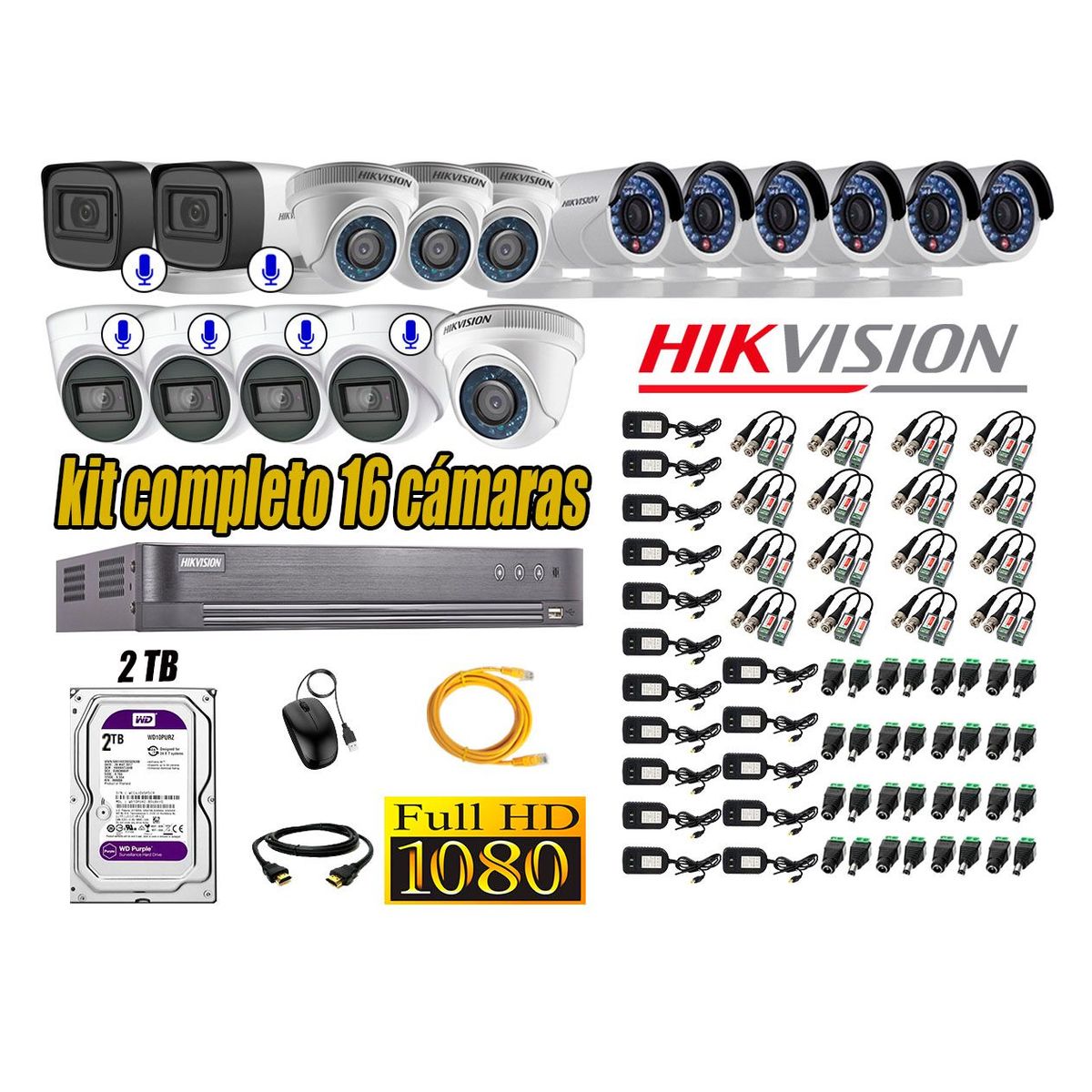 HIKVISION - Kit 16 Cámaras de Seguridad Full HD 1080P | 6 Camaras Con Audio Incorporado CCTV P2P