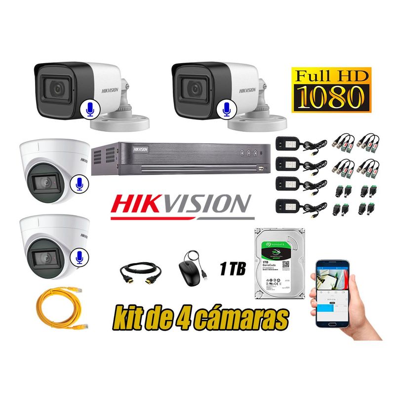 HIKVISION - Kit 4 Cámaras de Seguridad Con Audio Incorporado Full HD 1080P Vigilancia CCTV P2P