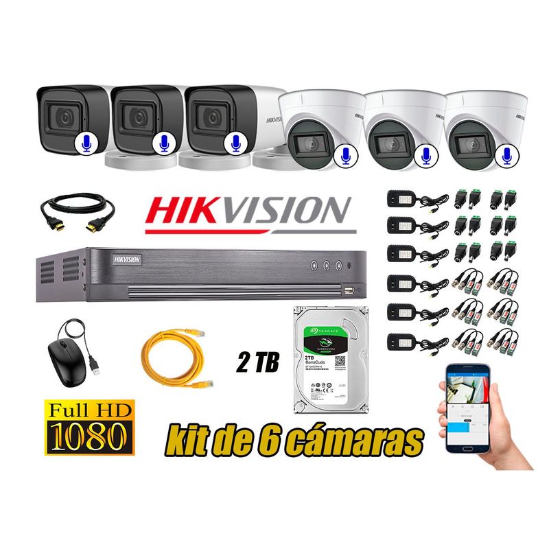 HIKVISION - Kit 6 Cámaras Seguridad Con Audio Incorporado Full HD 1080P Vigilancia CCTV