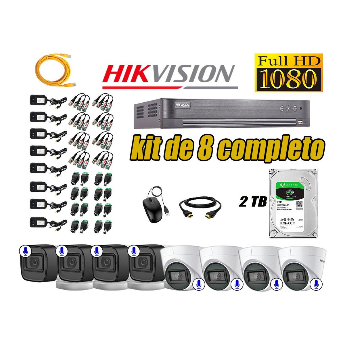 HIKVISION - Kit 8 Cámaras Seguridad Con Audio Incorporado Full HD 1080P Vigilancia CCTV