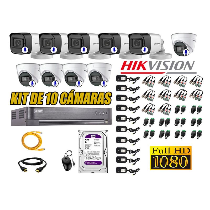 HIKVISION - Kit 10 Cámaras Seguridad Con Audio Incorporado Full HD 1080P Vigilancia CCTV