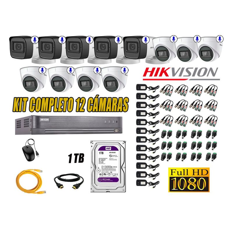 HIKVISION - Kit 12 Cámaras Seguridad Con Audio Incorporado Full HD 1080P Vigilancia CCTV P2P