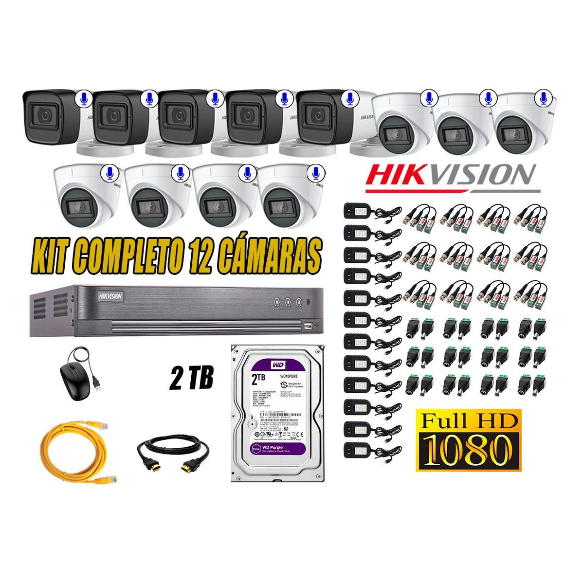 HIKVISION - Kit 12 Cámaras Seguridad Con Audio Incorporado Full HD 1080P Vigilancia CCTV