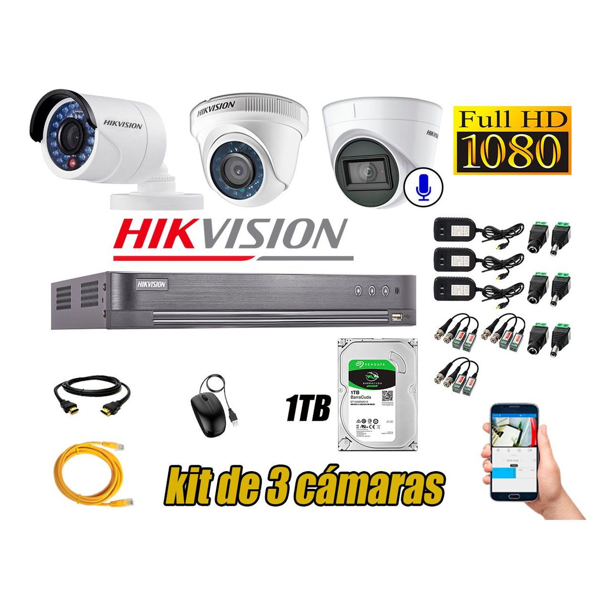 HIKVISION - Kit 3 Cámaras de Seguridad Full HD 1080P | 01 Camara Con Audio Incorporado CCTV