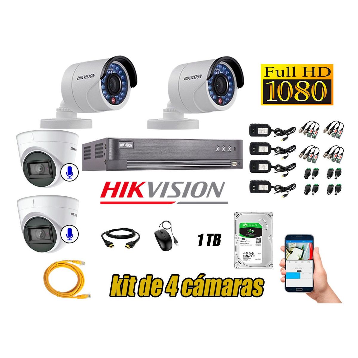 HIKVISION - Kit 4 Cámaras de Seguridad Full HD 1080P | 02 Camaras Con Audio Incorporado CCTV P2P
