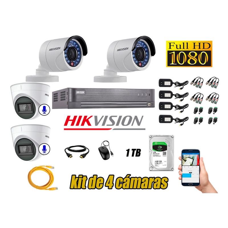 HIKVISION - Kit 4 Cámaras de Seguridad Full HD 1080P | 02 Camaras Con Audio Incorporado CCTV P2P