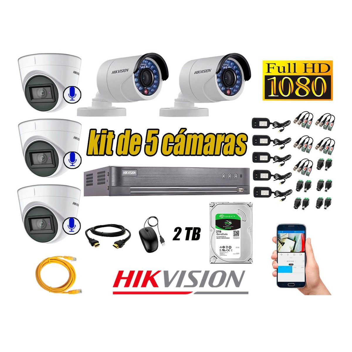 HIKVISION - Kit 5 Cámaras de Seguridad Full HD 1080P | 03 Camaras Con Audio Incorporado CCTV