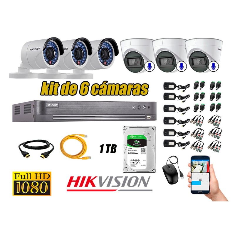 HIKVISION - Kit 6 Cámaras de Seguridad Full HD 1080P | 03 Camaras Con Audio Incorporado CCTV P2P