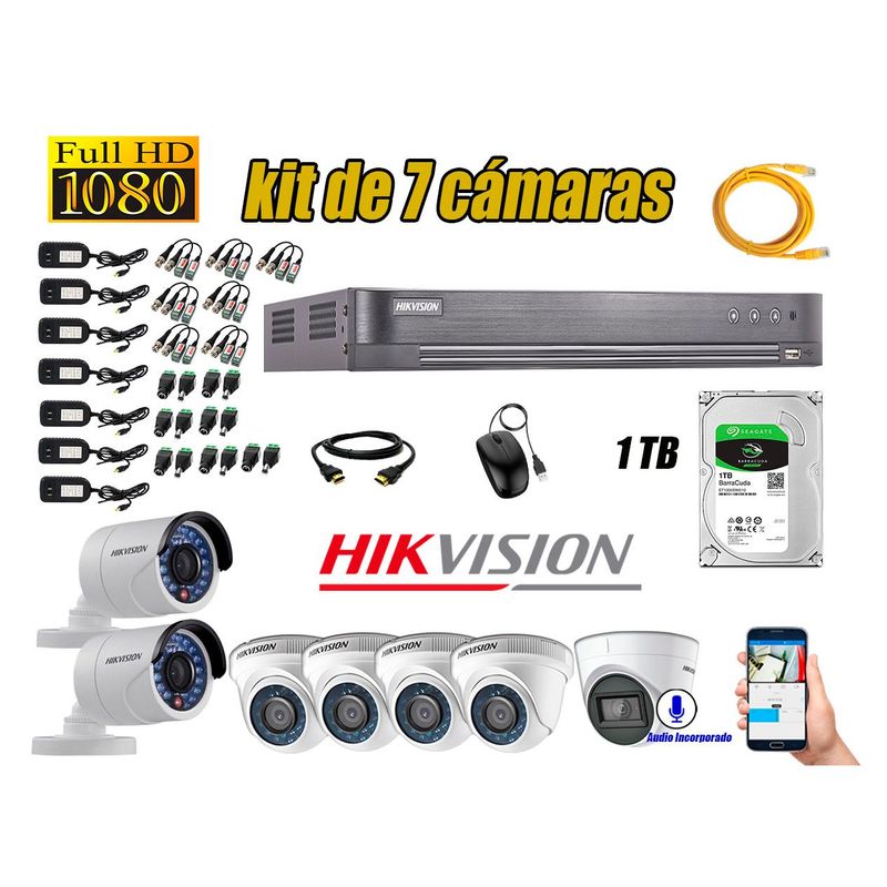 HIKVISION - Kit 7 Cámaras de Seguridad Full HD 1080P | 01 Camara Con Audio Incorporado CCTV P2P