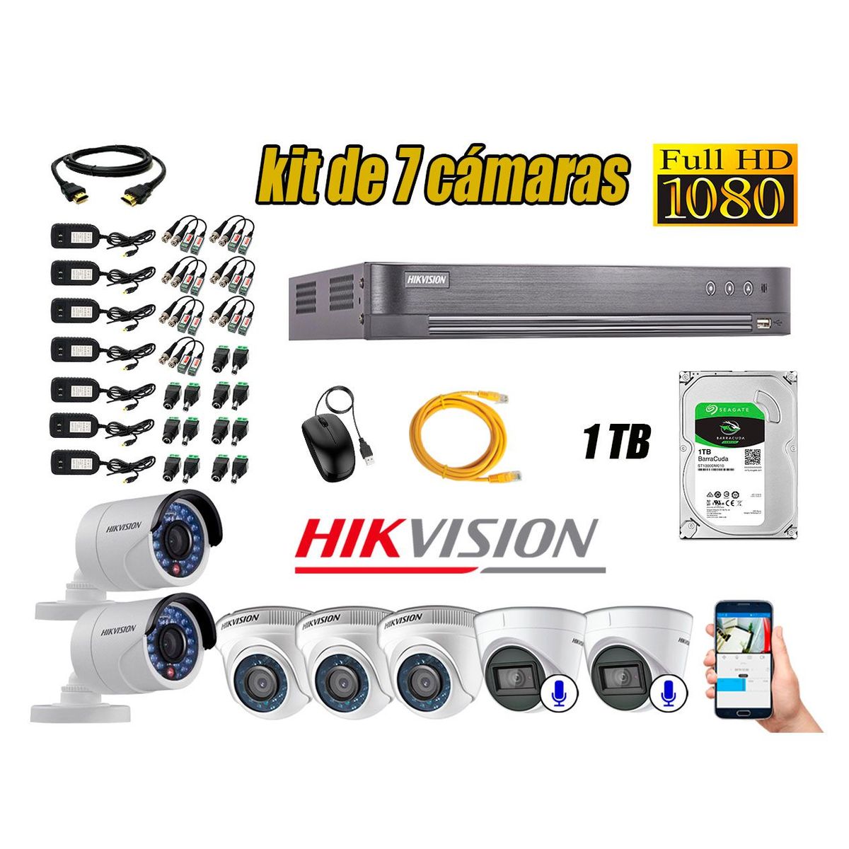 HIKVISION - Kit 7 Cámaras de Seguridad Full HD 1080P | 02 Camaras Con Audio Incorporado CCTV P2P