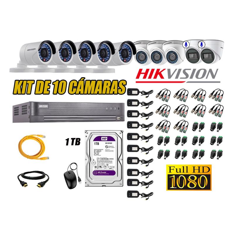 HIKVISION - Kit 10 Cámaras de Seguridad Full HD 1080P | 02 Camaras Con Audio Incorporado CCTV P2P