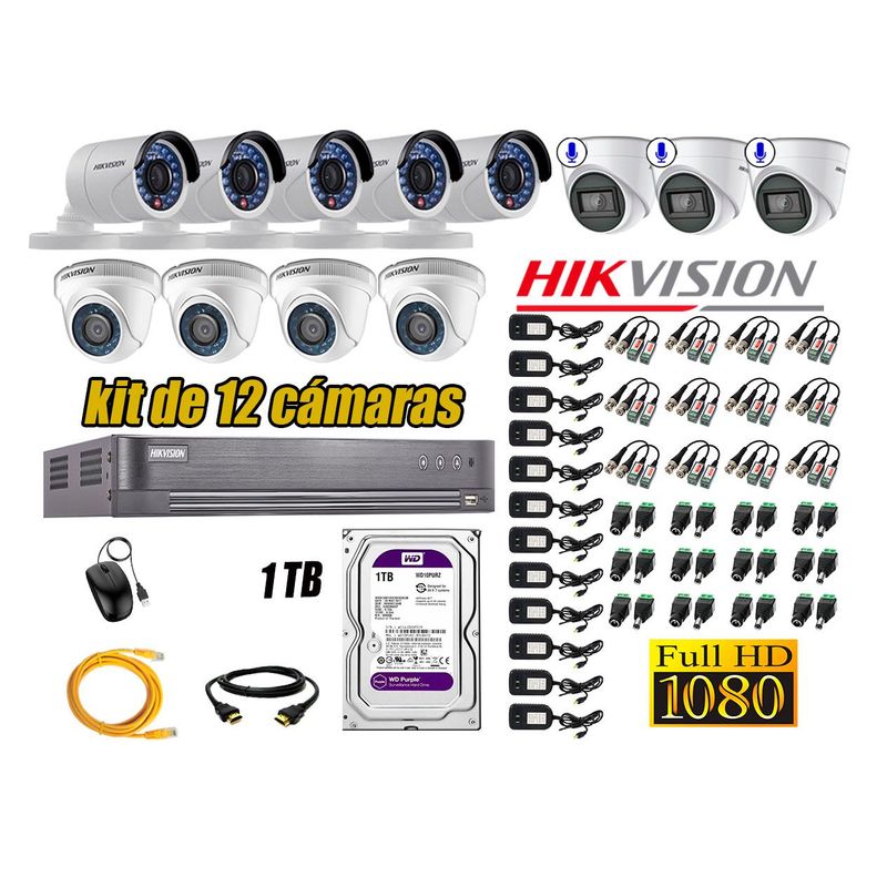 HIKVISION - Kit 12 Cámaras de Seguridad Full HD 1080P | 03 Camaras Con Audio Incorporado CCTV P2P