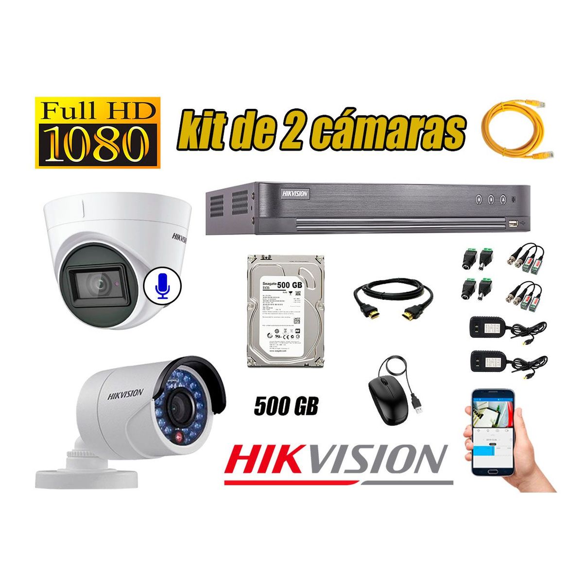 HIKVISION - Kit 2 Cámaras de Seguridad Full HD 1080P | 01 Camara Con Audio Incorporado CCTV P2P