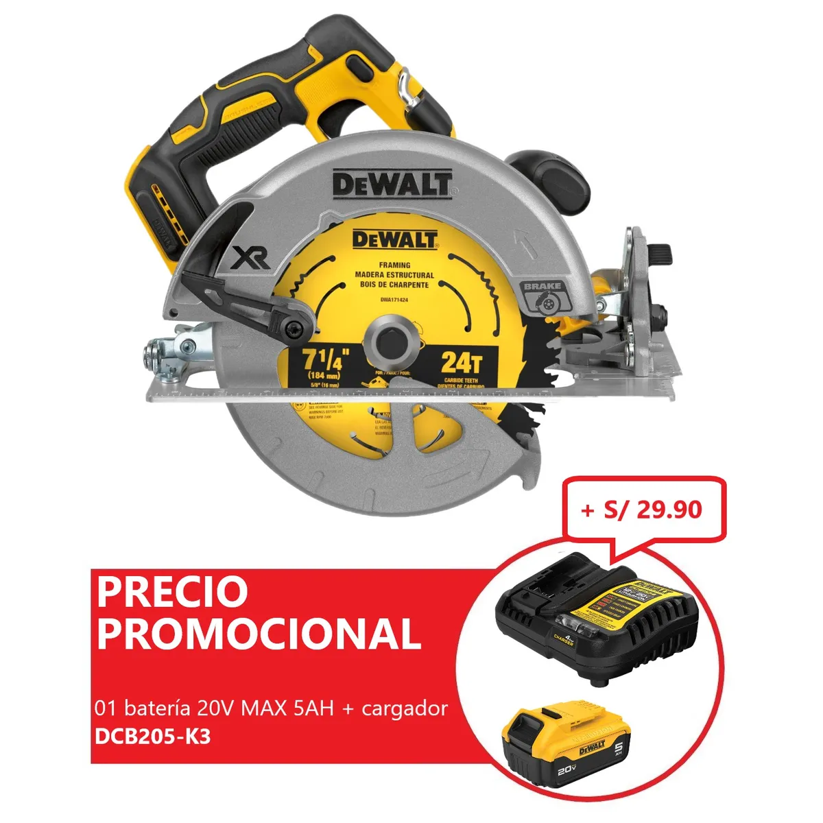 DEWALT - Sierra Circular Inalambrica Dewalt 7-1/4" 20V BRUSHLESS DCS570B (Sin batería)
