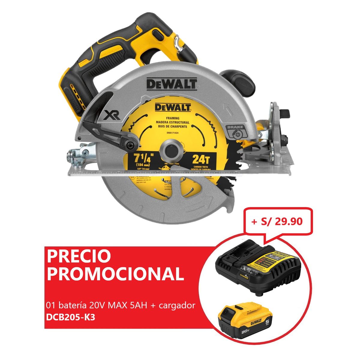 DEWALT - Sierra Circular Inalambrica Dewalt 7-1/4" 20V BRUSHLESS DCS570B (Sin batería)