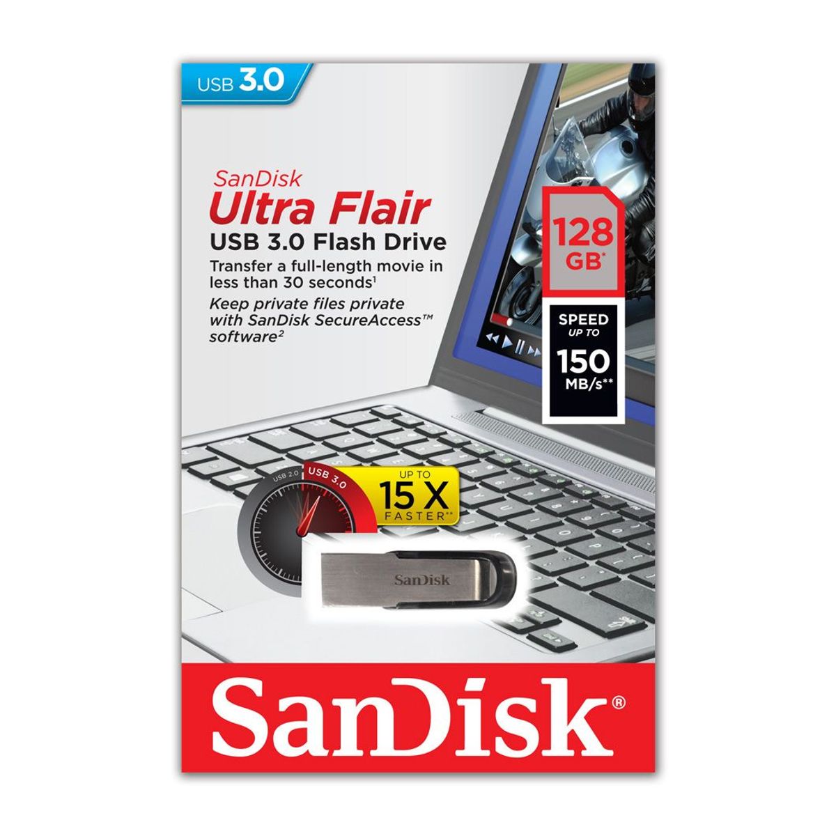 SANDISK - Pendrive USB 3.0 Ultra Flair 128GB
