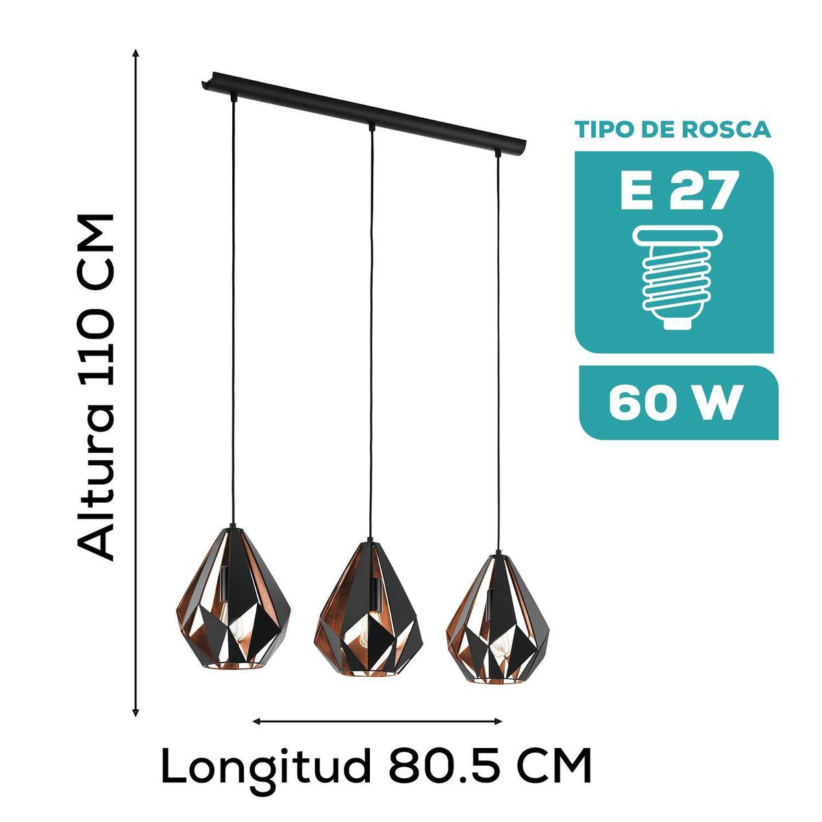 EGLO - Luminaria Colgante Eglo Carlton 1 3x60w L805 B205 H1100