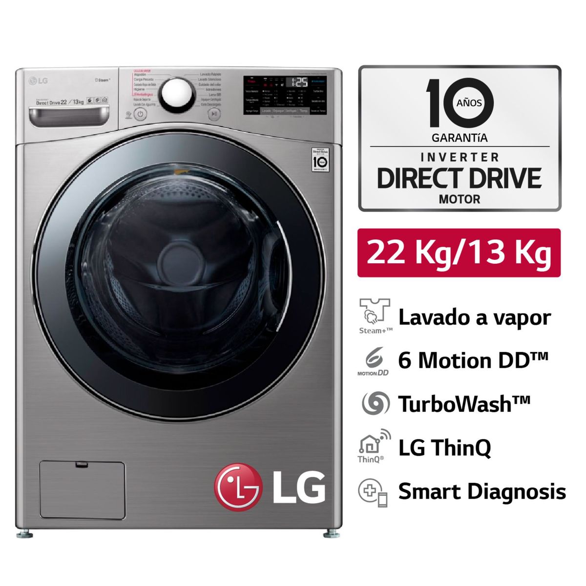 LG - Lavaseca LG 22/13 Kg WD22VV2S6 Plata