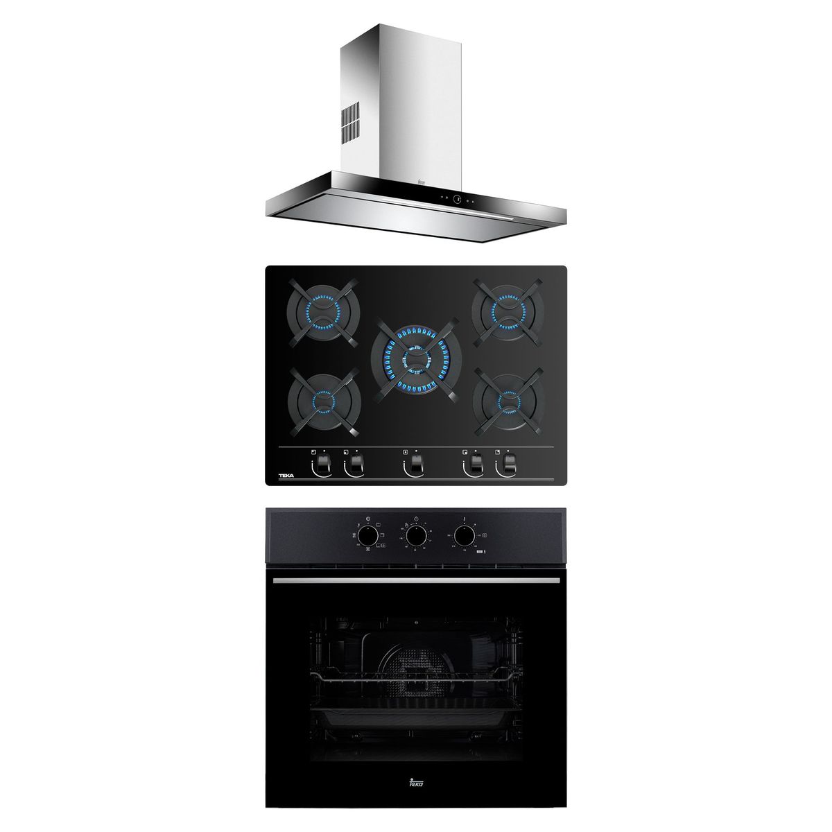 TEKA - Tricombo Cocina Empotrable 5 Quemadores GBC-75030 + Campana 90cm DPL-986T + Horno Eléctrico 70L HSB-610