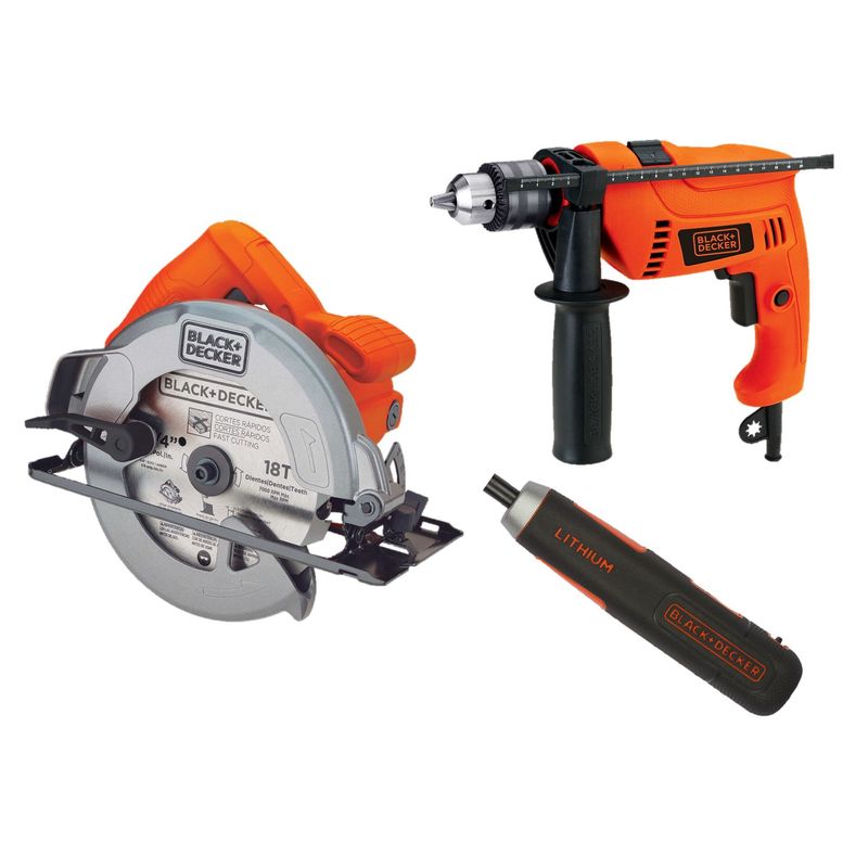 BLACK+DECKER - Combo Taladro Percutor Black+Decker 650W + Sierra Circular Eléctrica Black+Decker 1400W + Atornillador 4V Black+Decker