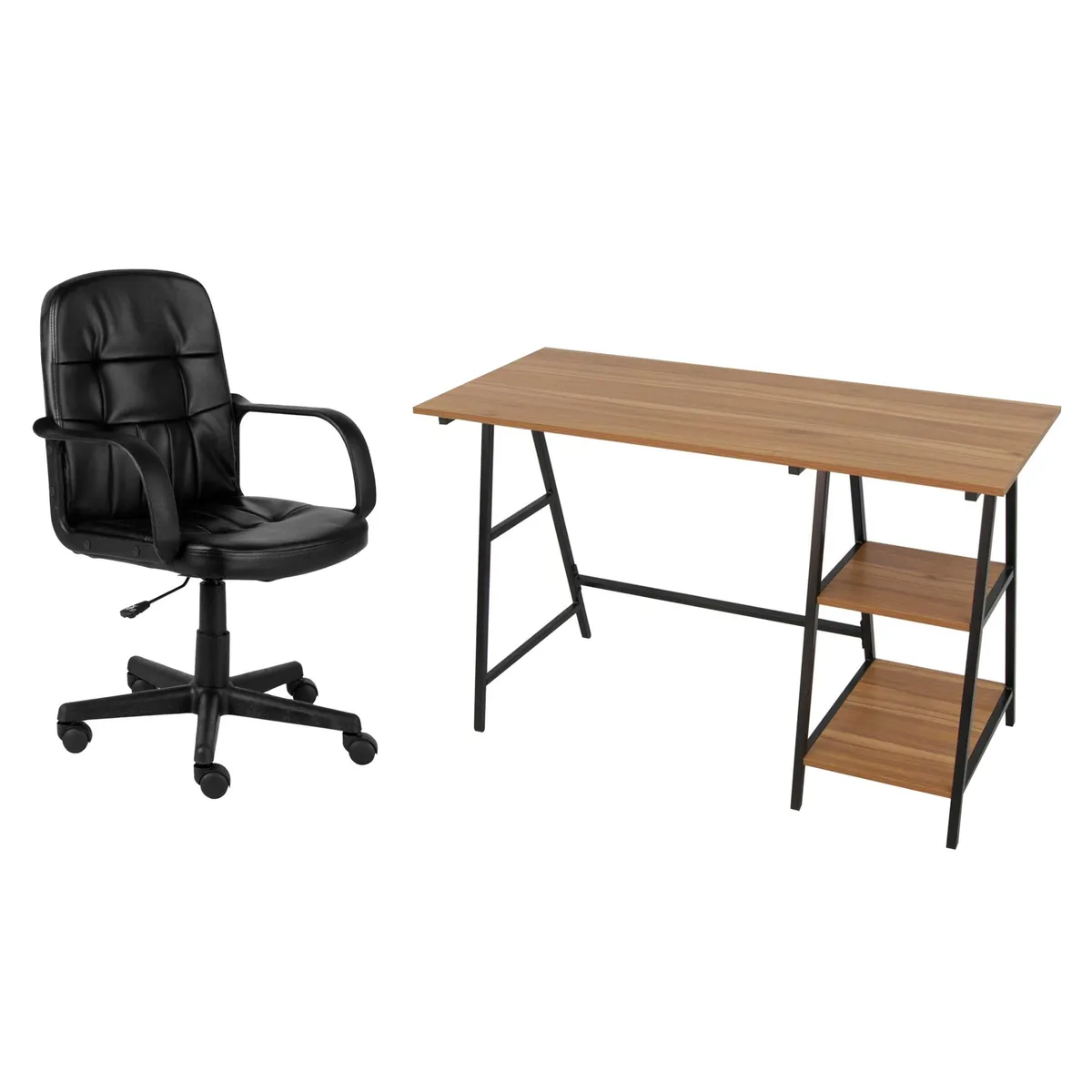  - Escritorio con Estante Negro/Madera + Silla de Oficina con respaldo bajo Negro