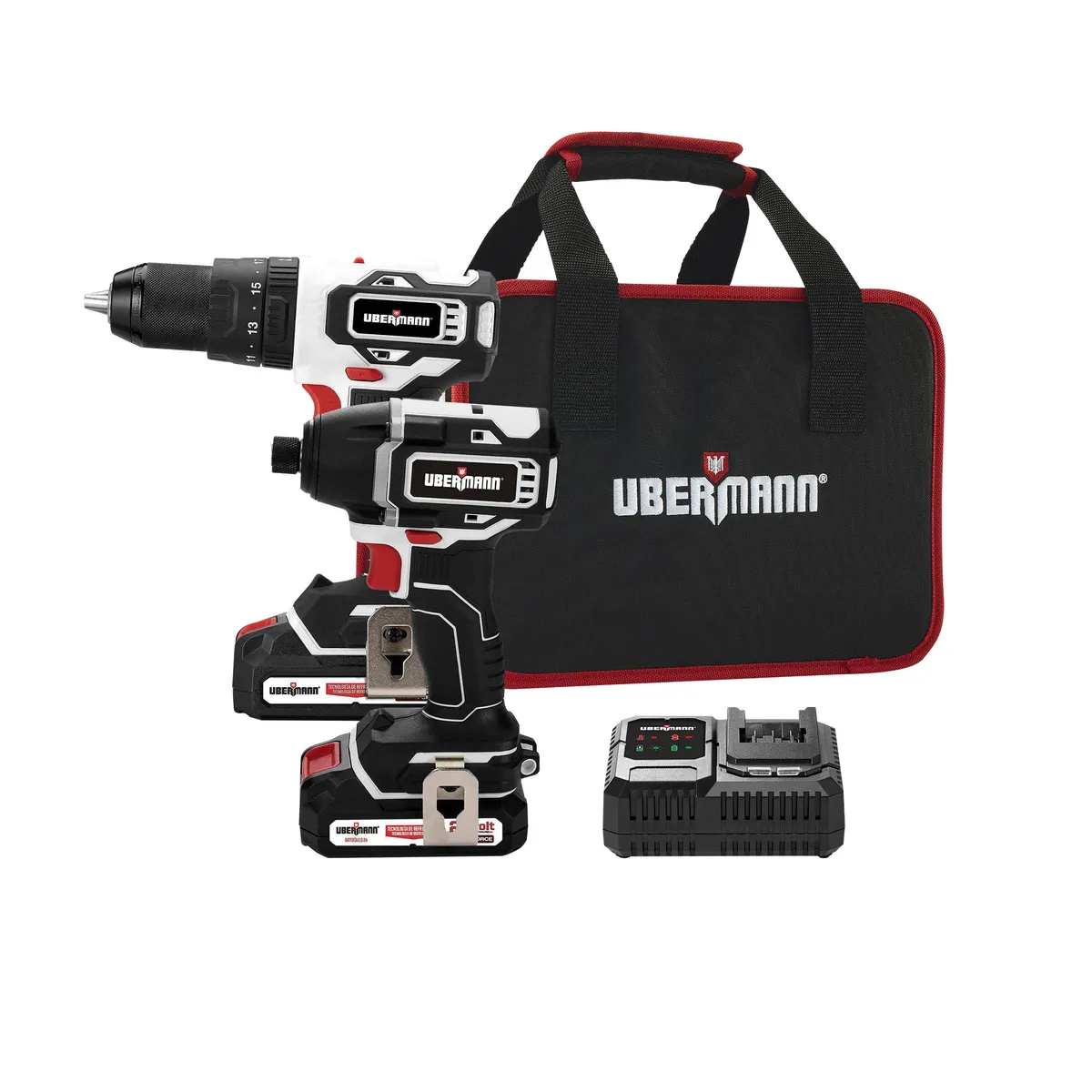 UBERMANN - Taladro Percutor Inalámbrico Ubermann 1/2" 20V + Atornillador de Impacto Inalámbrico Ubermann 1/4" 20V + 2 Baterías + Maletín Ubermann