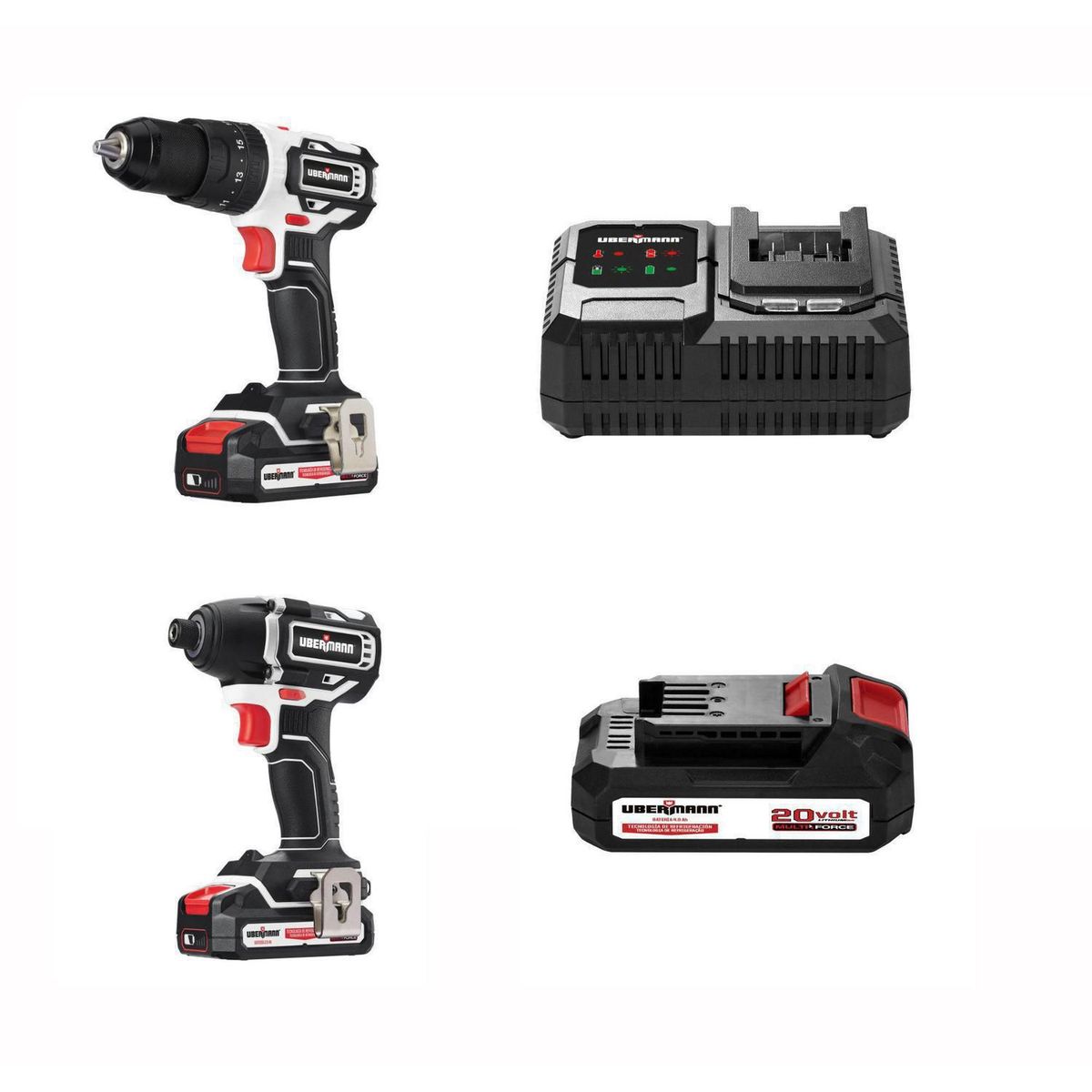 UBERMANN - Taladro Percutor Inalámbrico Ubermann 1/2" 20V + Atornillador de Impacto Inalámbrico Ubermann 1/4" 20V + 2 Baterías + Maletín Ubermann