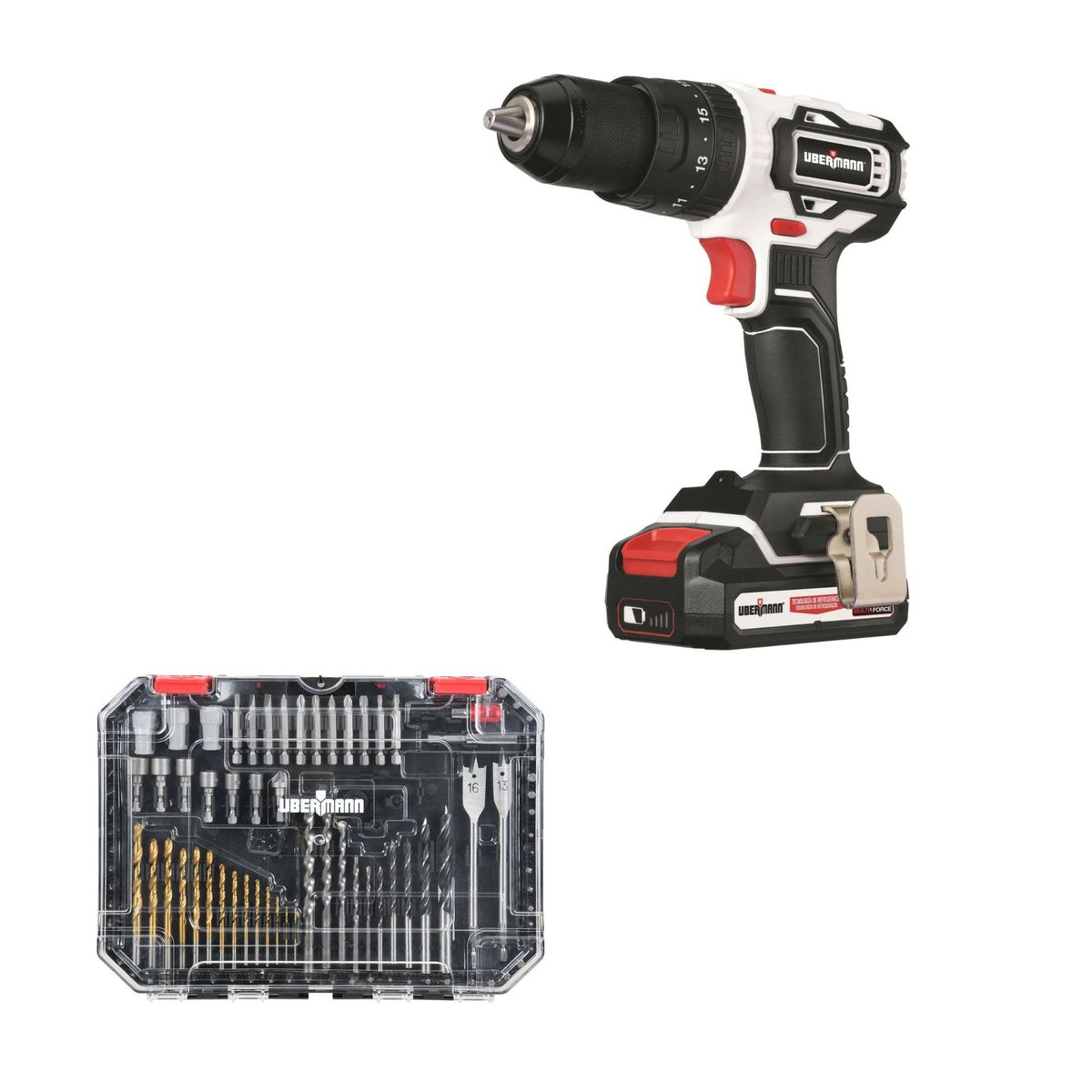 UBERMANN - Taladro Percutor Multiforce Inalámbrico Ubermann 13 mm 20V   + 2 Baterías + Set 400 Accesorios Uberman
