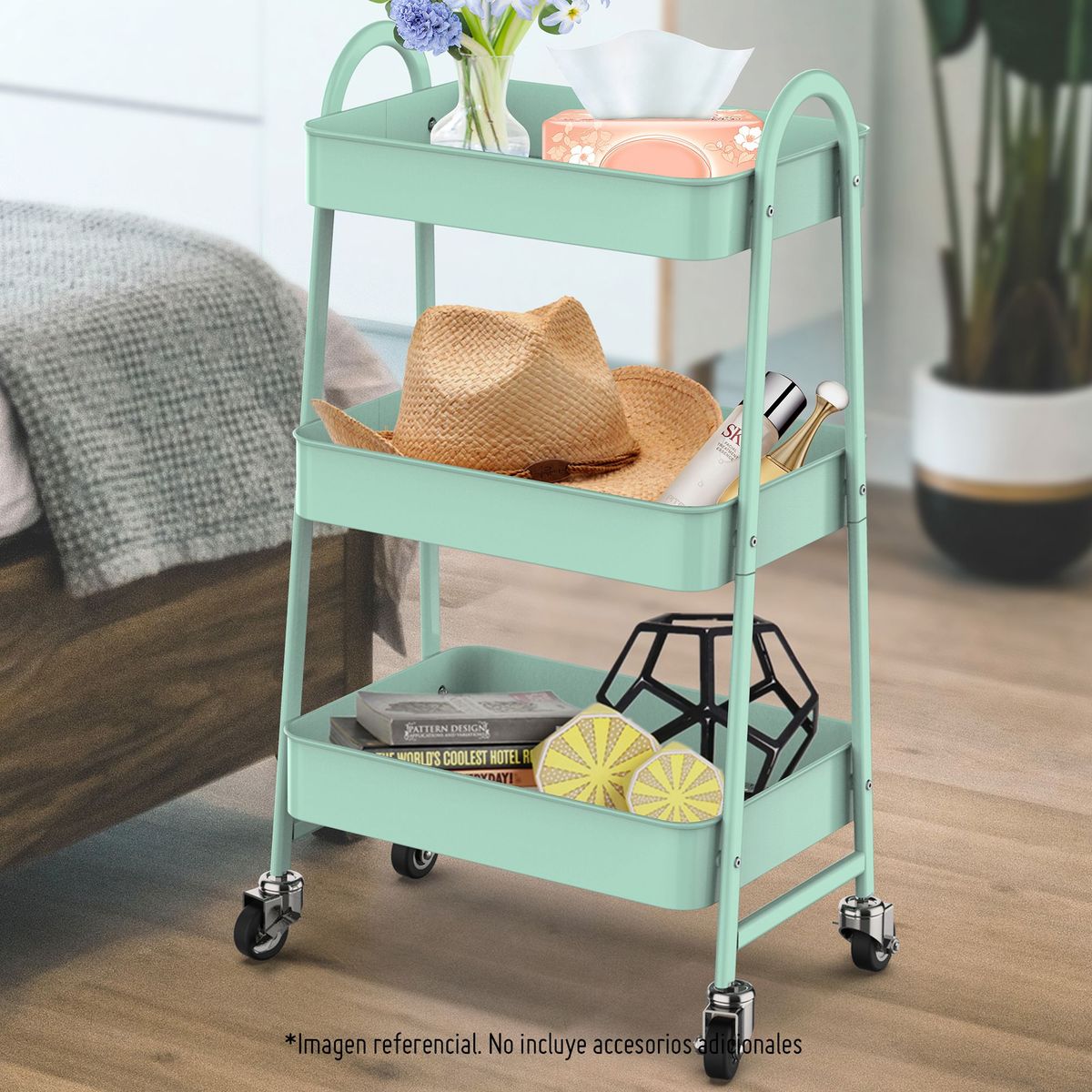 JUST HOME COLLECTION - Carro Organizador con Rueda 3 Niveles Menta