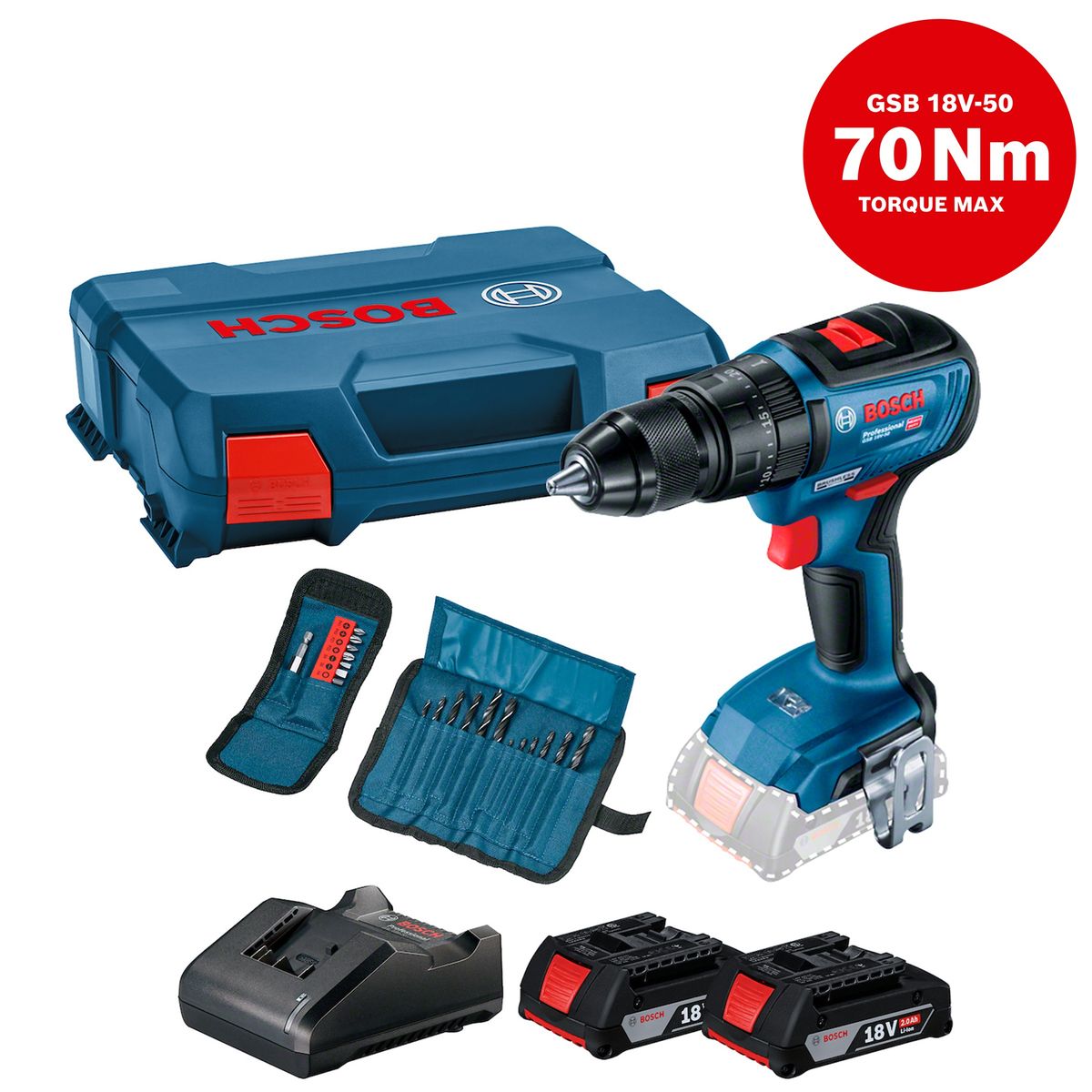 BOSCH - Taladro atornillador percutor Bosch GSB 18V-50 + 2 baterías + maletín de plástico