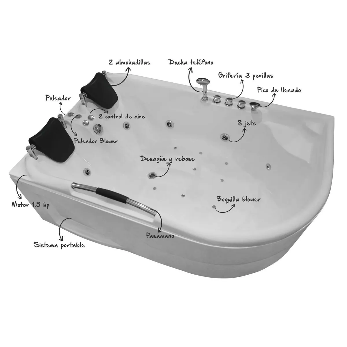 CUBA&SPA - Tina Hidromasaje Rectangular Romana 180x120cm Blanca