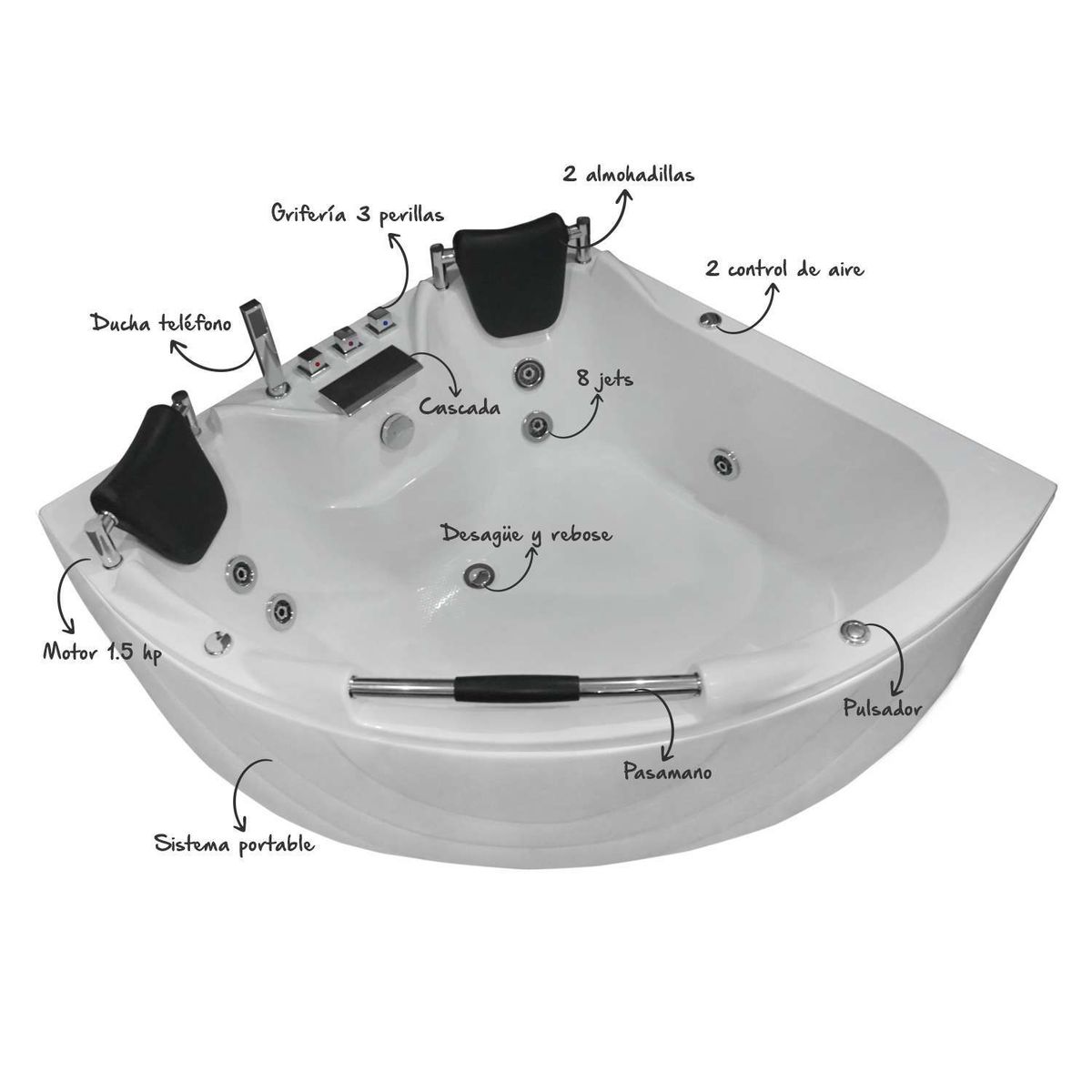 CUBA&SPA - Tina Hidromasaje Esquinera Gocta II Portable 150x150cm Blanca